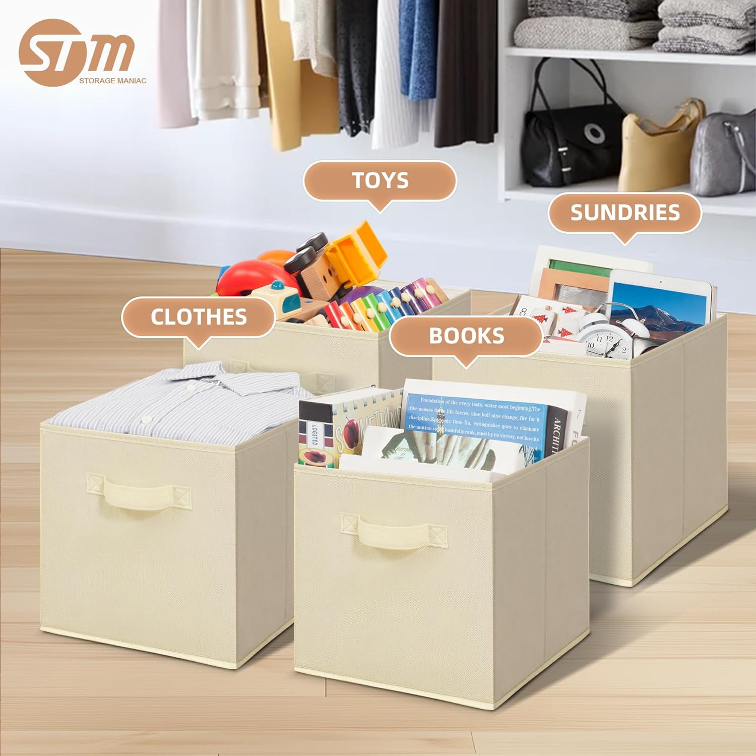 Storage Maniac Storage Cubes - 11-Inch Collapsible Bins with Handles | 4-Pack Beige Fabric Organizers