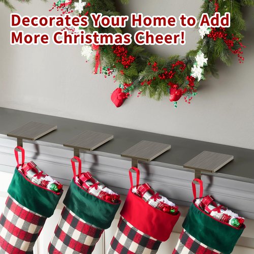 GloTika Christmas Stocking Holders for Mantle Set of 4, Heavy Duty Stocking Holder Hooks for Fireplace Tabletop Shelf Christmas Ornaments, Cast Iron Stocking Hangers Base, Bronze