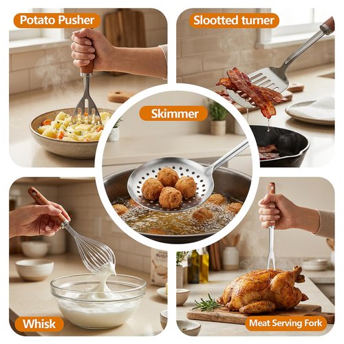 9PCS 18/8 Stainless Steel Kitchen Utensils, Stainless Steel Cooking Utensils with Wooden Handle, Metal Cooking Utensils Set, Spatula, Ladle, Skimmer, Spaghetti Spoon, Potato Masher, Easy To Clean