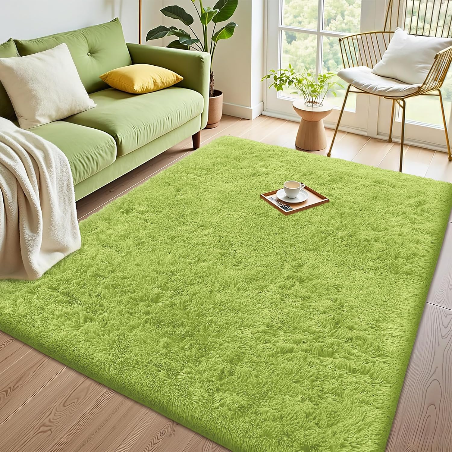OLANLY Area Rugs - Soft Fluffy Shaggy Indoor Carpet for Living Room & Bedroom | 4x5.9 ft Grass Green