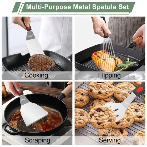 Beijiyi Stainless Steel Spatula Set, 4 Pack Small Metal Turner Spatulas for Kitchen Use, Cooking Utensils with Silicone Handle, Flipper Spatula for Fish, Egg, Smash Burger and Cookie Serving