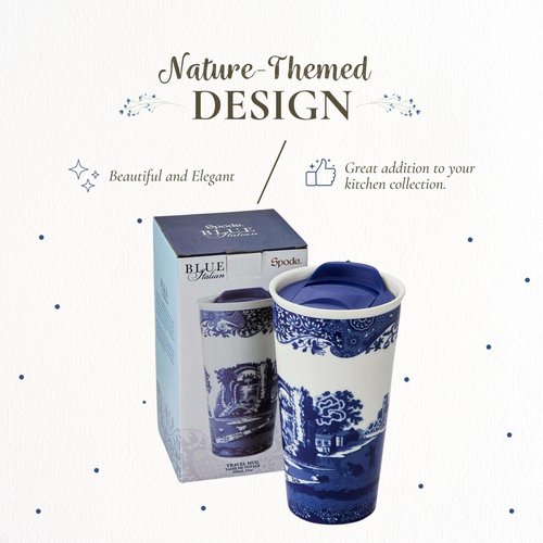 Spode Blue Italian Travel Mug | 12-Ounce Capacity | Made of Porcelain | Travel Tumbler for Coffee and Tea | Hot Water Cup | Dishwasher and Microwave Safe
