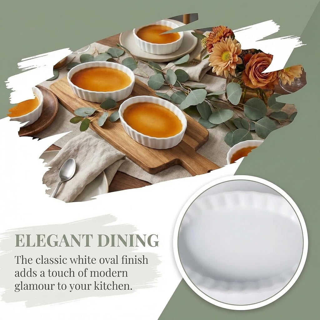 Regine Switzerland 6 Pcs Creme Brulee Ramekins - 4 Oz Oval Ceramic Baking Dishes, Oven Safe & Stackable