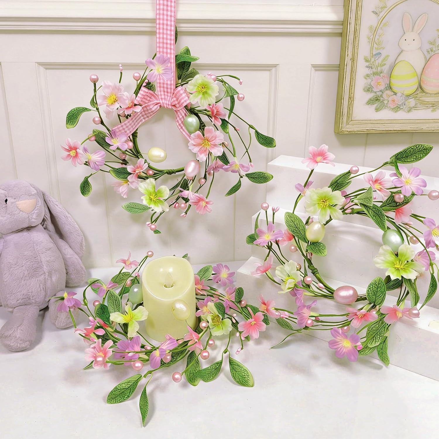 Skiennix 12-Inch Easter Wreath - Colorful Eggs & Flowers for Home Decor | Spring Mini Wreath