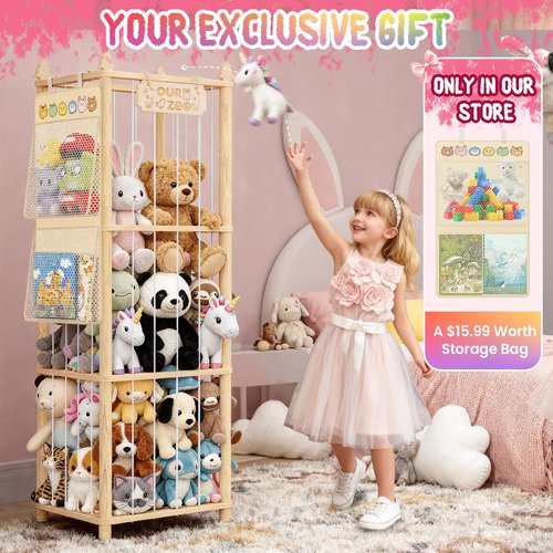 Stuffed Animal Storage with Hanging Bag, Extra Large Pine Wood Stuffed Animal Zoo Organizer Holder, Plushies Toy Storage Tower, Spacesave Toy Organizer Shelf for Toddler&Playroom, Nursery Decor-54 in