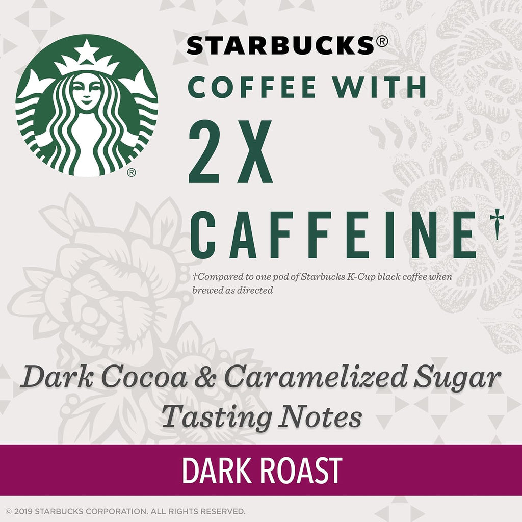 Starbucks Dark Roast K-Cup Coffee Pods - 2X Caffeine for Keurig Brewers | 60 Pods Total