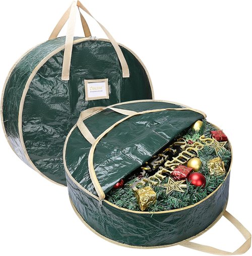 BALEINE Wreath Storage Bags - 2 Pack Tear-Resistant Christmas Wreath Containers (Green, 24"x8")