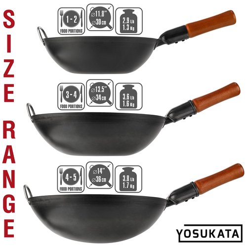 YOSUKATA 11.8" Carbon Steel Wok Pan – Pre-Seasoned Flat Bottom Pow Wok for Stir Fry, BBQ, Grill & Camping – Traditional Japanese Chinese Cookware – Compatible with Induction, Electric, Gas, Open Fire