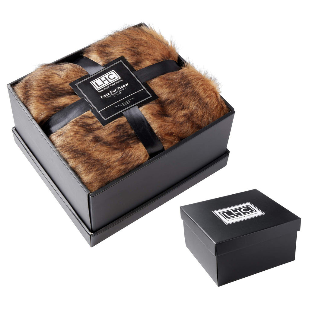 Faux Fur Throw Blanket- Luxurious, Soft, Hypoallergenic Premium Faux Chinchilla Fur Blanket with Faux Mink Back and Gift Box, 60"x70" by LHC (Brown)