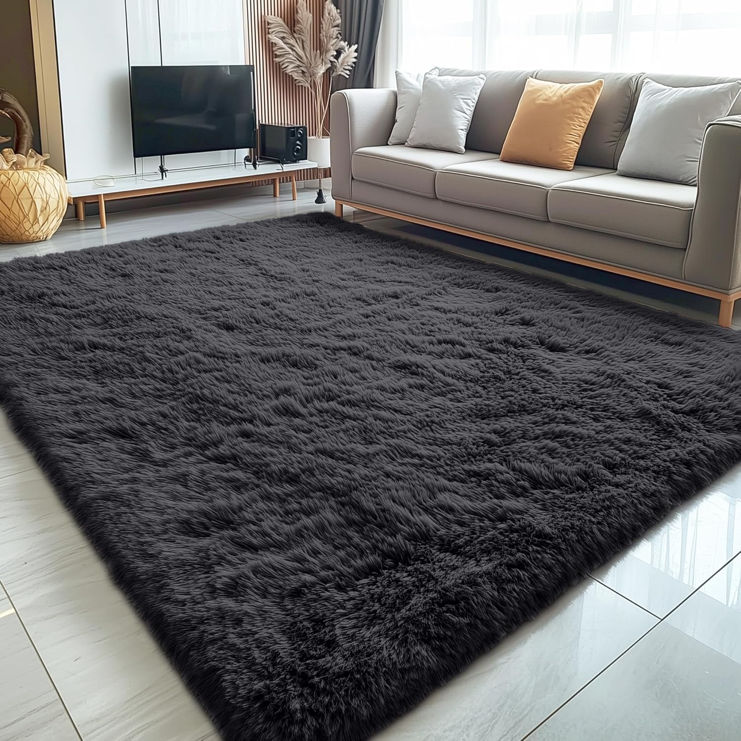 OLANLY Large 5x8 Machine Washable Area Rug - Soft Fluffy Shaggy Carpet for Living Room & Bedroom | Black