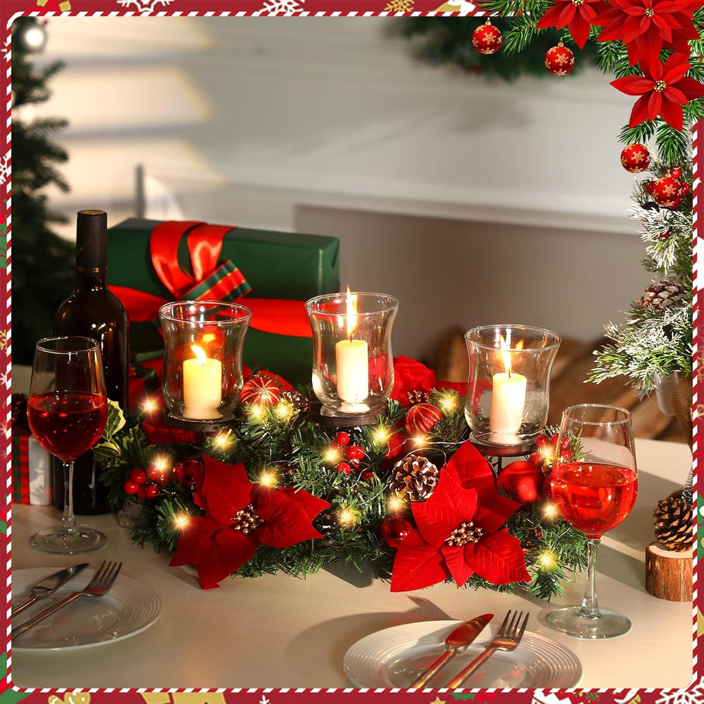Sliner Christmas Candle Holder - Elegant Poinsettia Glass Centerpiece for Holiday Table Decor