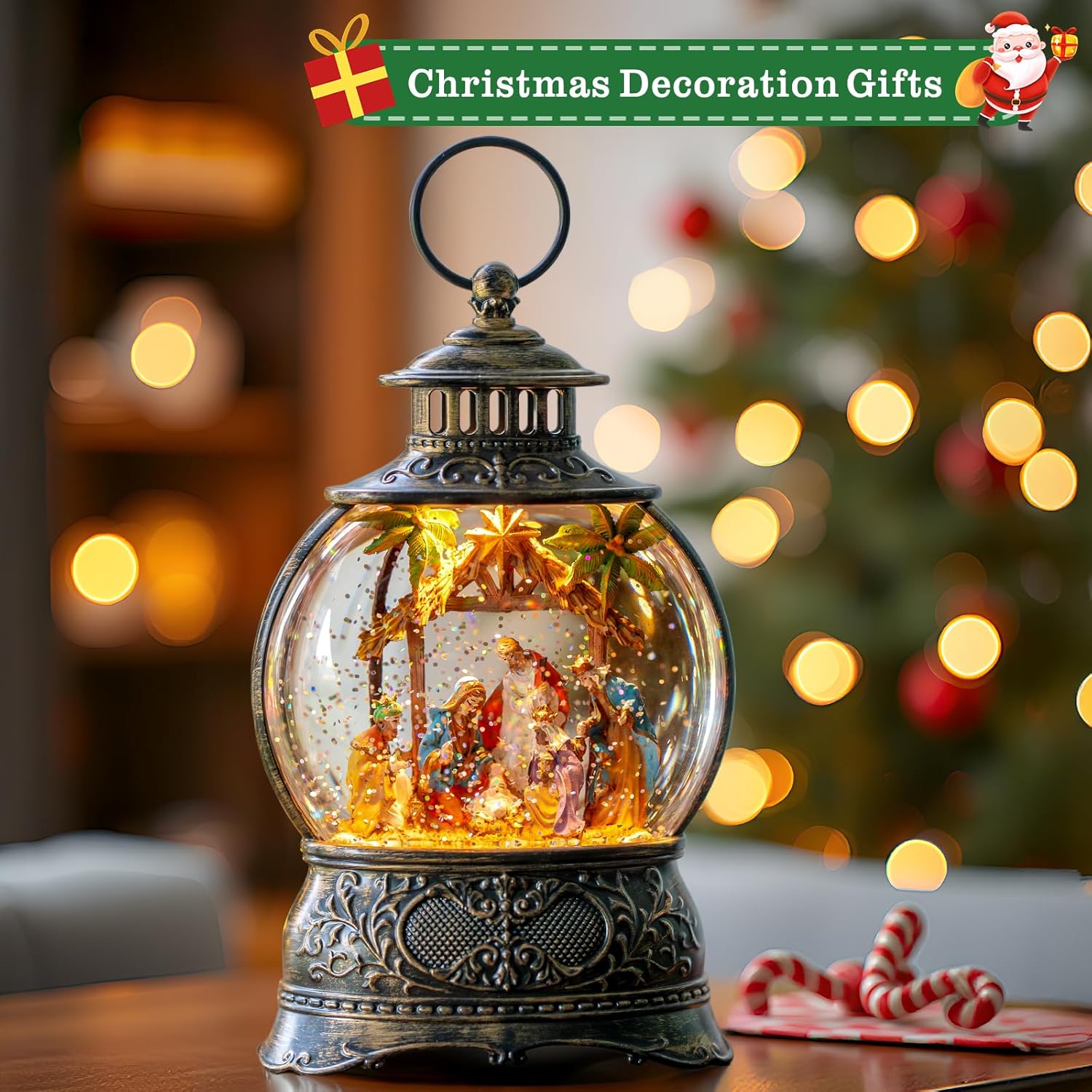 Skiennix Christmas Snow Globe Lantern - Musical Holy Family Nativity Scene | 6-Hour Timer, USB & Battery Operated