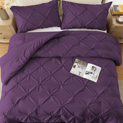 UNIKOME King Size Comforter Set Purple - Ultra Soft Boho Pintuck Down Alternative Bedding Set for All Seasons, 3 Pieces Lightweight Warm Pinch Pleat Bed Set with Comforter, 2 Pillowcases