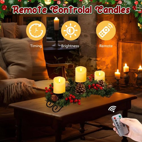 Mudder Christmas Table Centerpiece Set - 20'' Steel Base with 3 Flameless LED Candles & Red Berry Decor | Creamy White