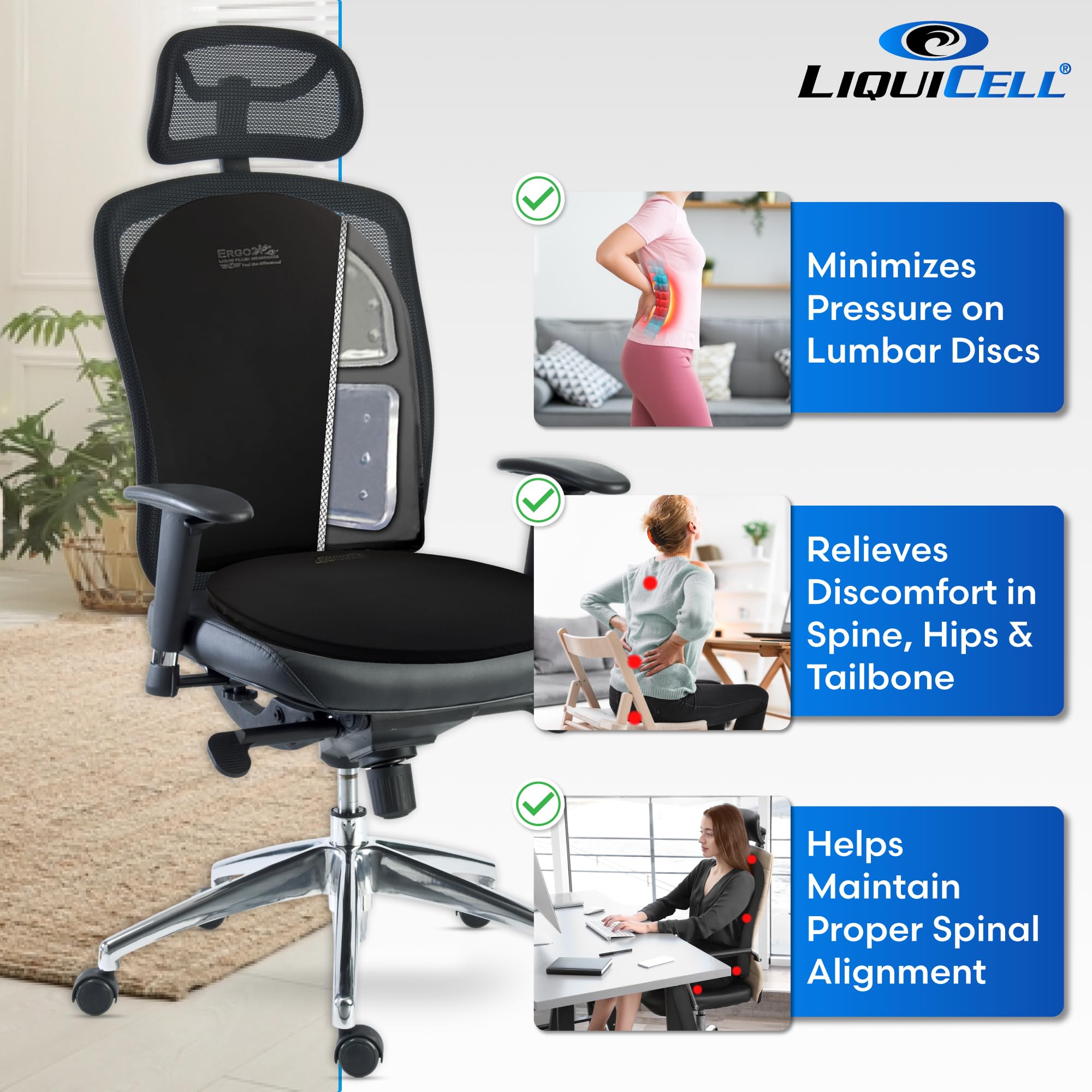 ERGO21 Lumbar Support Pillow for Office Chair, Car, Driving Seat, Auto, Lower Back Pain | Great Back Support with Liquid Filled Membranes | Small Size, (18" W x 18”x 1.5”)