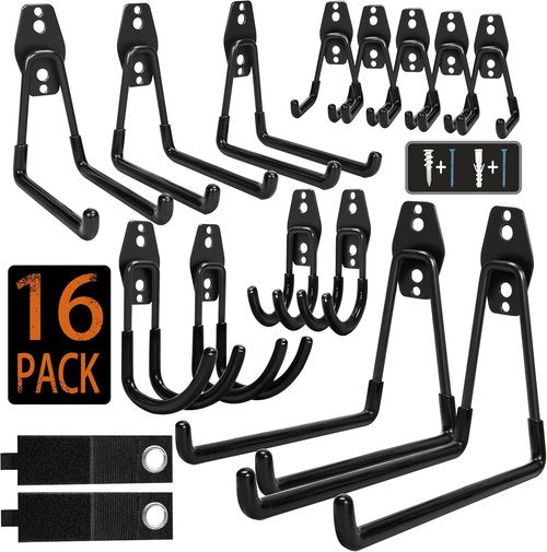 KOFANI Steel Garage Storage Hooks - 16 Pack Heavy-Duty Wall Mount Hooks with Anti-Slip Coating for Bikes, Ladders & Tools
