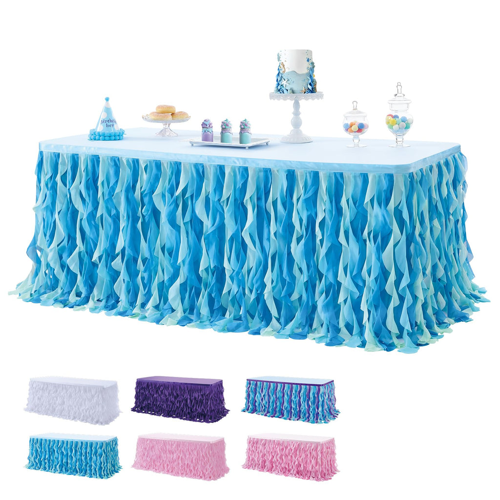 leegleri 108in Tulle Ruffle Curly Willow Table Skirt for 4/6/8FT Tables, Under The Sea Ocean Blue Baby Shark Themed Tutu Table Skirt for Baby Shower, Birthday Party