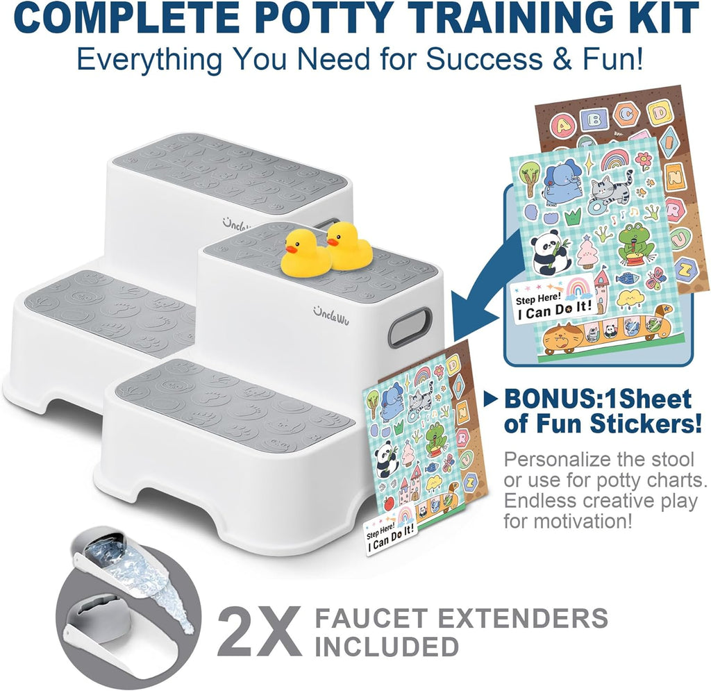 Skiennix 2-Pack Kids Step Stool - Non-Slip Bathroom & Kitchen Stool with Faucet Extender & Duck Toys | Heavy Duty 200lbs (Grey)