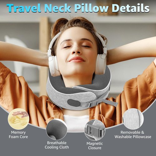 Gikezed Travel Pillows for Airplanes Ergonomic Memory Foam Neck Pillow for Travel - 360° Head & Neck Support for Sleeping on Flights, Cars, Trains & Office (Gray-1)