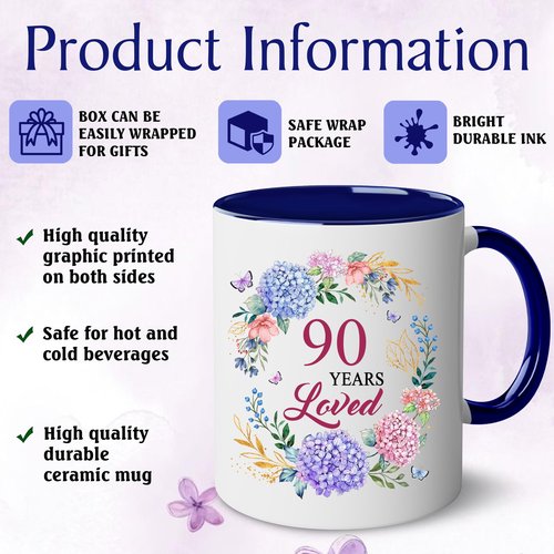 LOTWATEGO 90th Birthday Gifts For Women - 1936 Birthday Gifts For Her - 90 Years Loved Mug - Gift For Women Turning 90th - 90 Year Old Gift For Woman, Mom, Grandma, Mother - 1936 Present Ideas