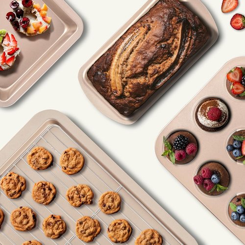 KITESSENSU Nonstick Baking Pans Set - 7-Piece Bakeware Collection with Cake, Loaf, Muffin Pans & More | Gold
