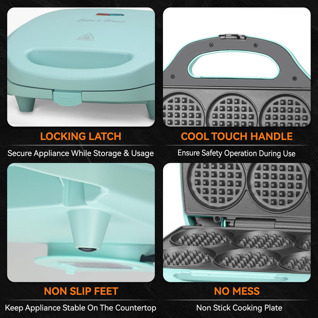 Baker's Friend Multi Mini Waffle Maker Machine, 6 x 3'' Small Waffle Iron, Perfect for Families and Individuals Use, Excellent Choice for Breakfast Brunch Parties & Events, Aqua