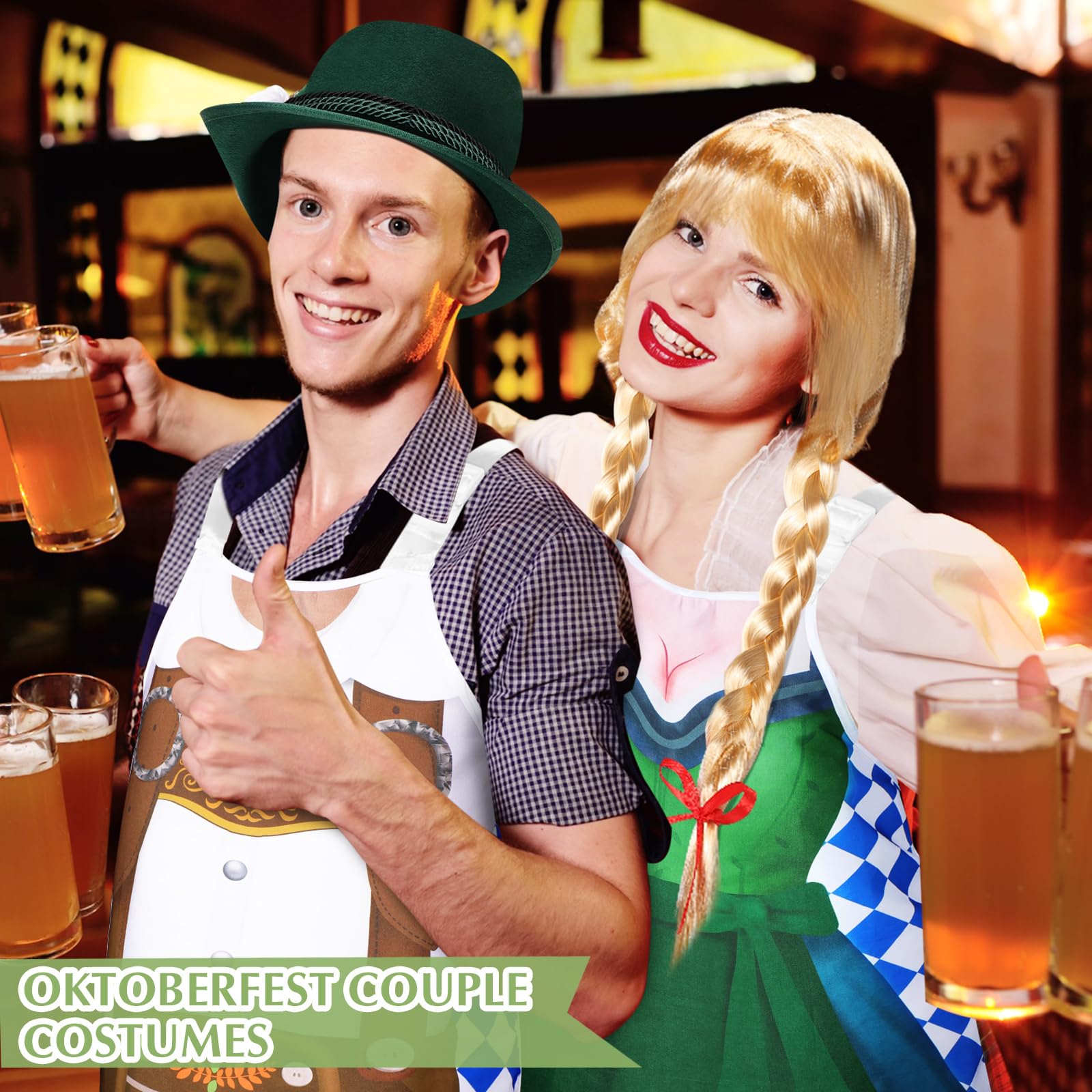 Langyiwee 4 Pcs Oktoberfest Costume Couple Cooking Aprons German Hats Blond Wig Oktoberfest Dress(Green, Brown,Classic)