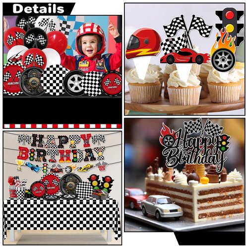 Race Car Birthday Party Decorations,185pcs Cars Birthday Decorations Plates and Napkins Cups Tablecloths,Cake Topper,Balloon for Racing birthday Decorations,Serves 24
