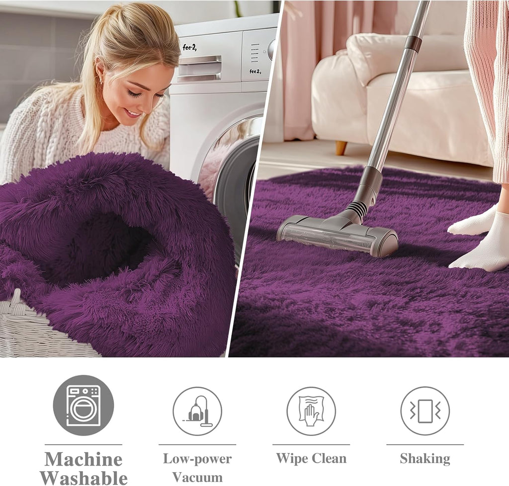 OLANLY Round Dark Purple Area Rug - Soft, Fluffy, Machine Washable 3 ft Carpet for Bedroom & Living Room