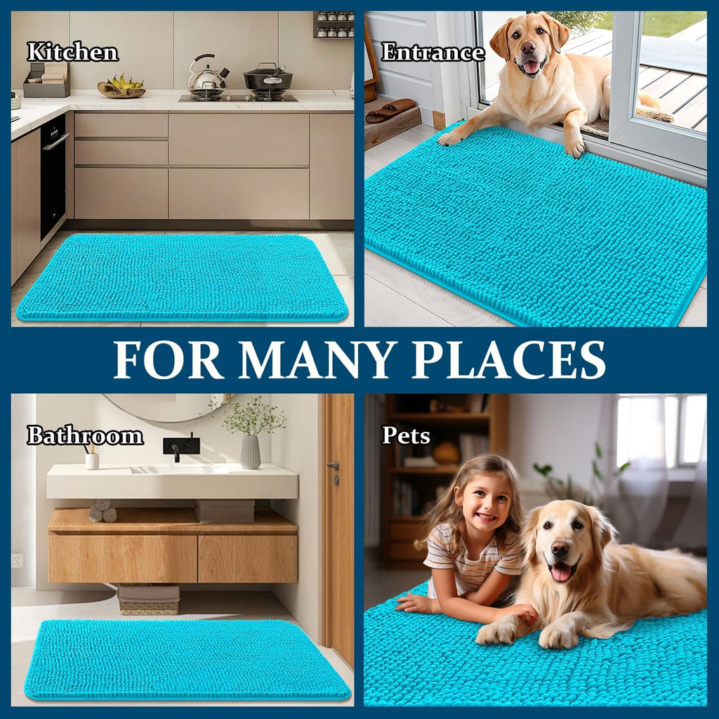 OLANLY Dog Door Mat - Absorbent Non-Slip Mud Mat for Indoor Use | Quick Dry Chenille, Aqua Blue, 47x17