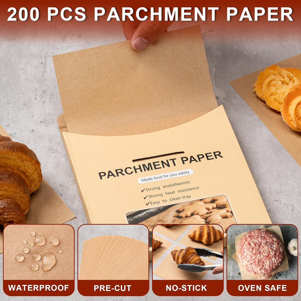 Skiennix Parchment Paper Sheets - 200 Pcs Non-Stick Precut Baking Paper | 6 x 6 Inches, Unbleached