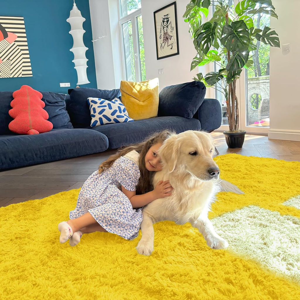 OLANLY 6x9 Machine Washable Area Rug - Soft Fluffy Shaggy Carpet for Living Room & Bedroom | Yellow