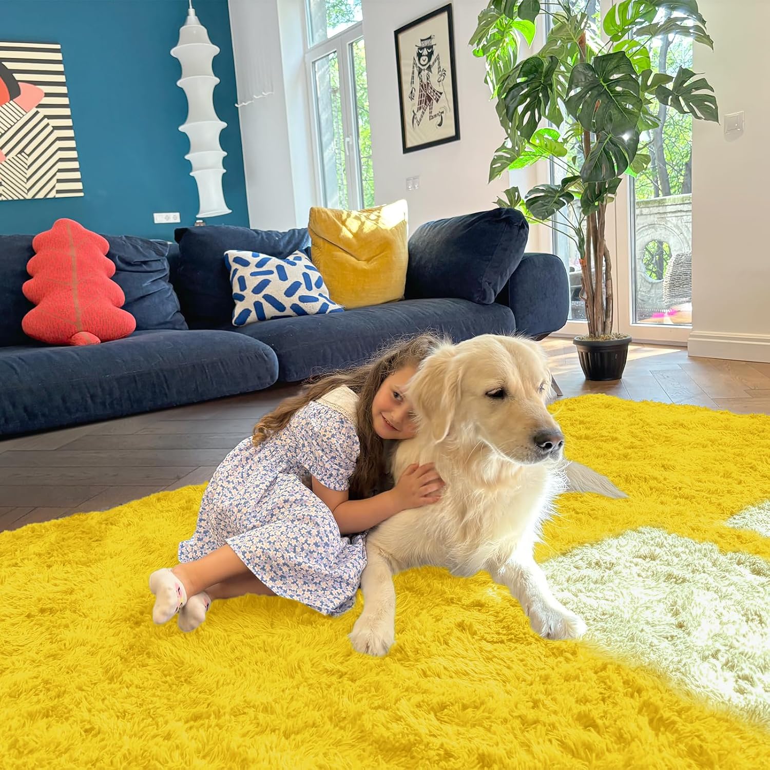 OLANLY Large 5x7 Machine Washable Area Rug - Soft Fluffy Shaggy Carpet for Living Room & Bedroom | Yellow