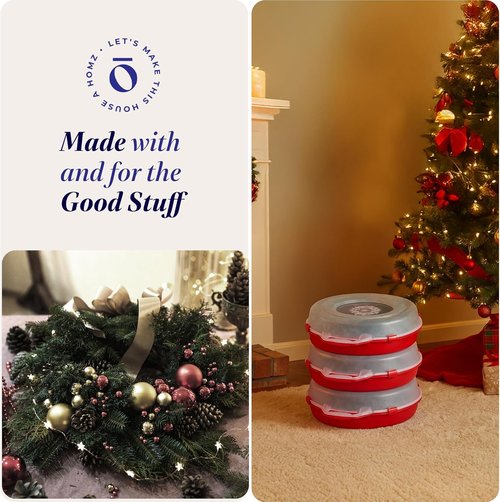 HOMZ 3-Pack Wreath Storage Containers - 24 Inch Clear Plastic Bins with Lids & Handles for Holiday Decor