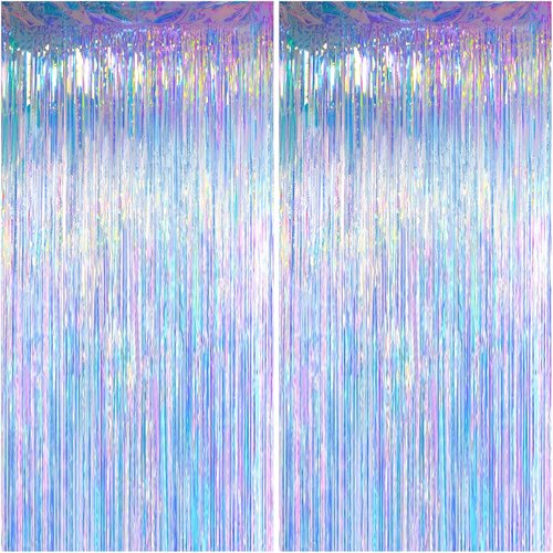 Melsan Iridescent Party Decorations - Holographic Tinsel Foil Fringe Curtain | 2 Packs, 3.2 x 6.56 ft for Mermaid Birthday Parties