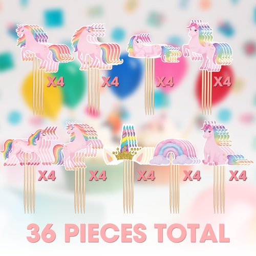 36pcs SENSUNIQ Rainbow Unicorn Cupcake Topper, Birthday Party Cake Decoration, Rainbow Cupcake Toppers Decorations for Girls Women Birthday, Christmas, Xmas, New Year Party Supplies