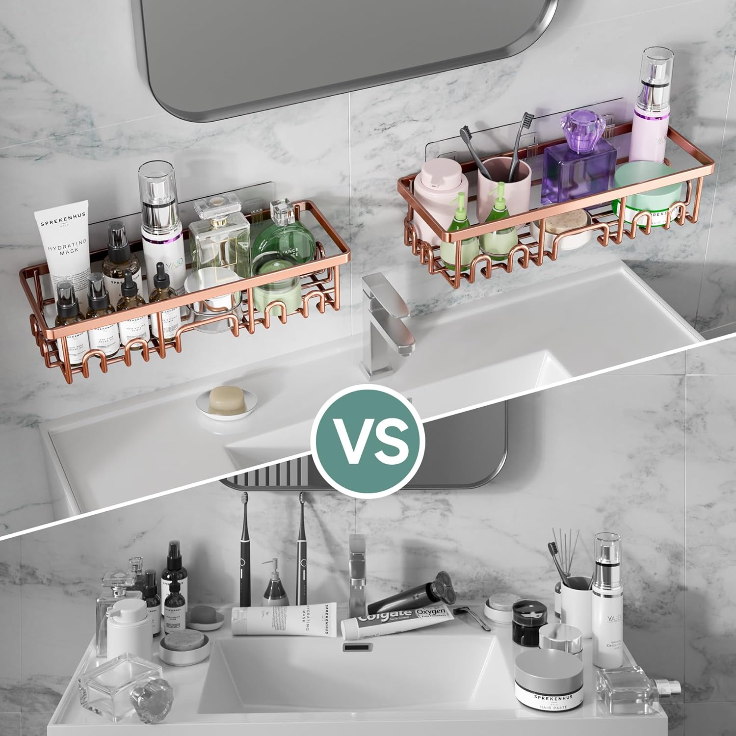 Veken Shower Caddy - Rustproof Waterproof Adhesive Shelves Rack | 6-Pack Large Capacity Rose Gold Bathroom Organizer