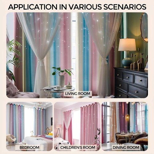 SENEETO 2 Panels Rainbow Curtains for Girls Bedroom, Star Darkening Curtains for Kids Girls Room, Unicorn Princess Window Decor, Privacy Protection and Insulation (Pink Purple Blue, W52 X L84)