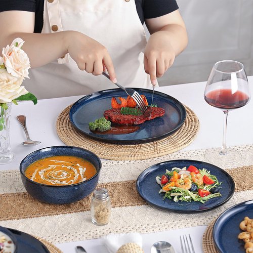 Ceramic Plates and Bowls Sets: 12 Piece Porcelain Dinnerware Sets, Stoneware Kitchen Dishes Set for 4, Scratch Resistant Plate Set, Microwave Dishwasher Oven Safe, Reactive Glaze (Blue)