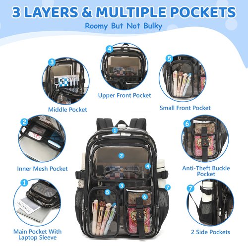 QIXIHU Clear Backpack for School, Heavy Duty Transparent Bookbag, See Through Backpacks for Stadium Event, Backpack for Boys, Kids Clear Bag for College Work Travel Sport Festival Security Check