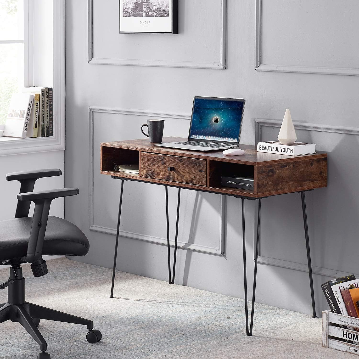 VECELO 39.3" Home Office Work Table with Drawers,Computer Desk with Hairpin Leg for Writing/Study,Classic Brown