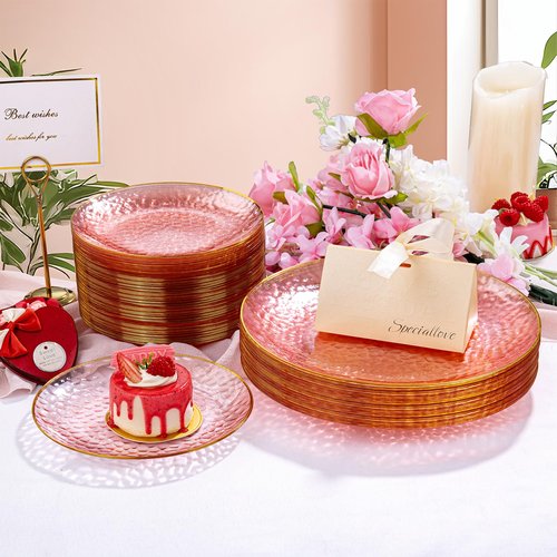 Rubtlamp 100 Pcs Pink Gold Dessert Plates hammered party plates, Pink Disposable Plates With Gold Rim, 7 Inch Dessert Platos Disposable, Plastic Appetizer Plates Perfect for Mother's Day
