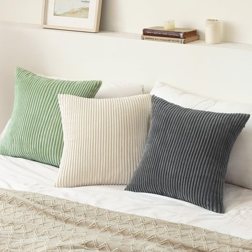 Softalker Throw Pillow Covers 18 x 18, Set of 2 - Cream Spring Decorative Soft Corduroy Striped Boho Beige Pillow Covers, White Cushion Pillow Cases for Farmhouse Decor, Couch, Easter, Bed Living Room