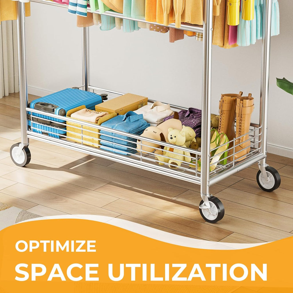 Regine Switzerland Heavy Duty Clothes Rack - 960LBS Capacity, Adjustable & Portable with Wheels, Silver