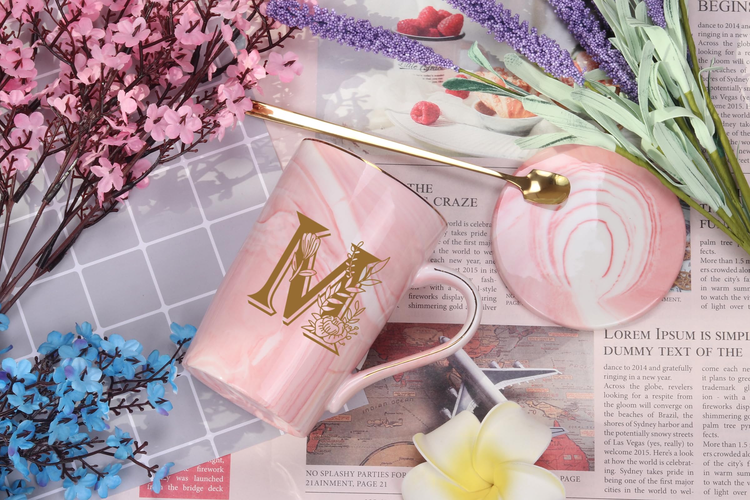 WENSSY Pink 14 Ounce Letter M with Flower Personalized Initial Mugs, Novelty Coffee Mugs for Women, Bridal Shower Gifts, Dishwasher Safe Porcelain Mug