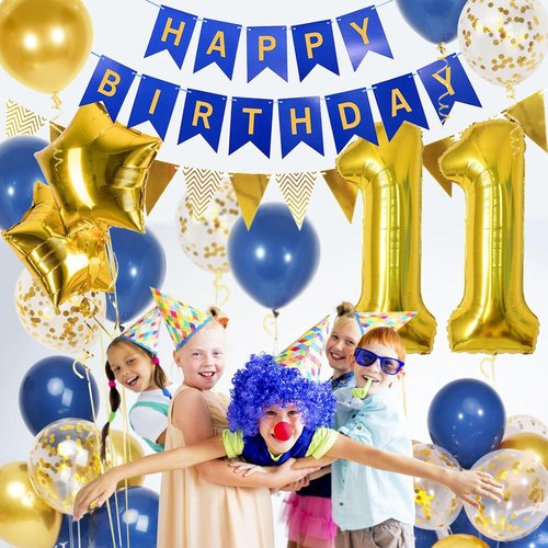 11th Birthday Decorations by [Brand Name] - Navy Blue & Gold Balloons with 40-Inch Number 11 Foil & Banner