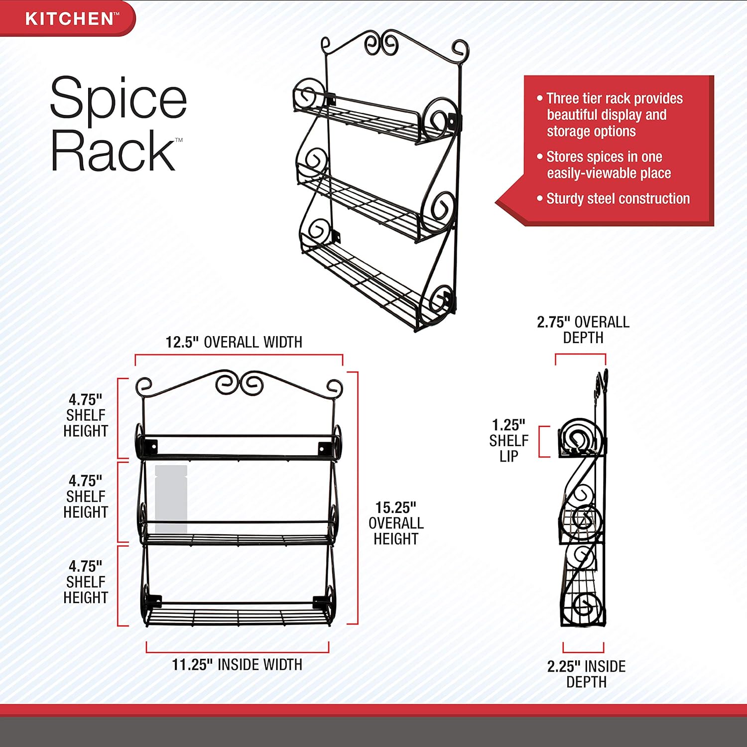 Spectrum Diversified 3-Tier Wall-Mounted Spice Rack Organizer - Traditional Design for Kitchen & Cabinet