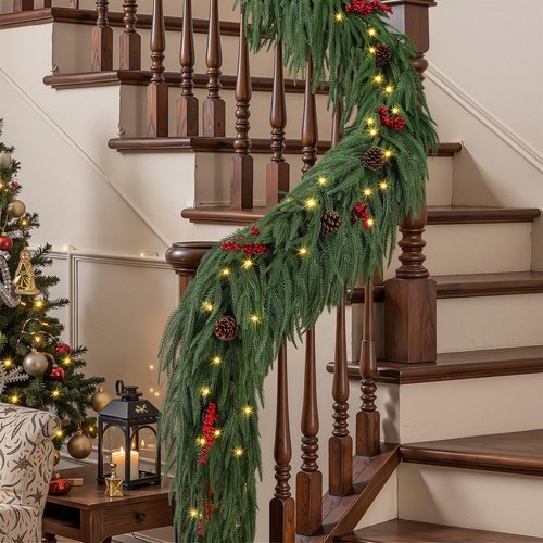 9FT Prelit Christmas Garland, Realistic Green Norfolk Pine Garland with Lights Battery Operated for Mantle Stairs Railing Fireplace Table Indoor Xmas Decor