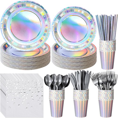 Iridescent Paper Plates and Napkins Set, Disposable Iridescent Paper Plates Cups Knives Spoons Fork Straw for Mermaid Birthday Wedding Party, Serve 100