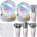 Iridescent Paper Plates and Napkins Set, Disposable Iridescent Paper Plates Cups Knives Spoons Fork Straw for Mermaid Birthday Wedding Party, Serve 100